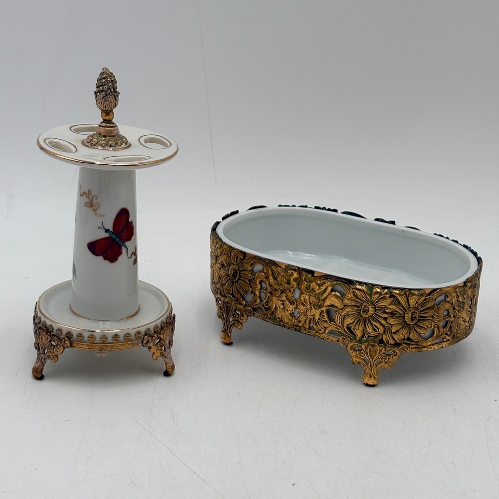 VTG Globe 24kt Gold Plated Porcelain Toothbrush Holder Footed Soap Dish Ormolu